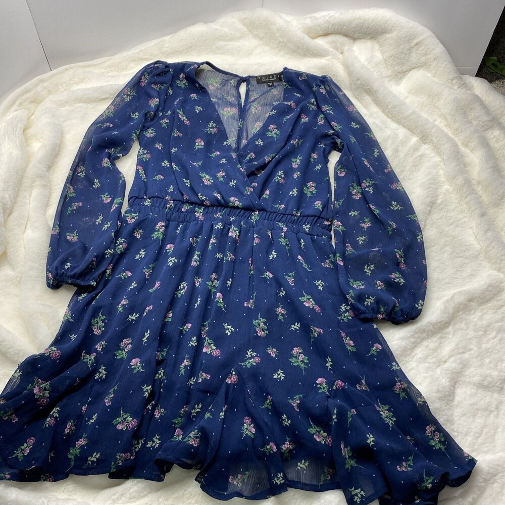 Trixxi Blue Floral Mini Dress Medium Long Sleeve Faux Wrap V-Neck Chiffon Boho